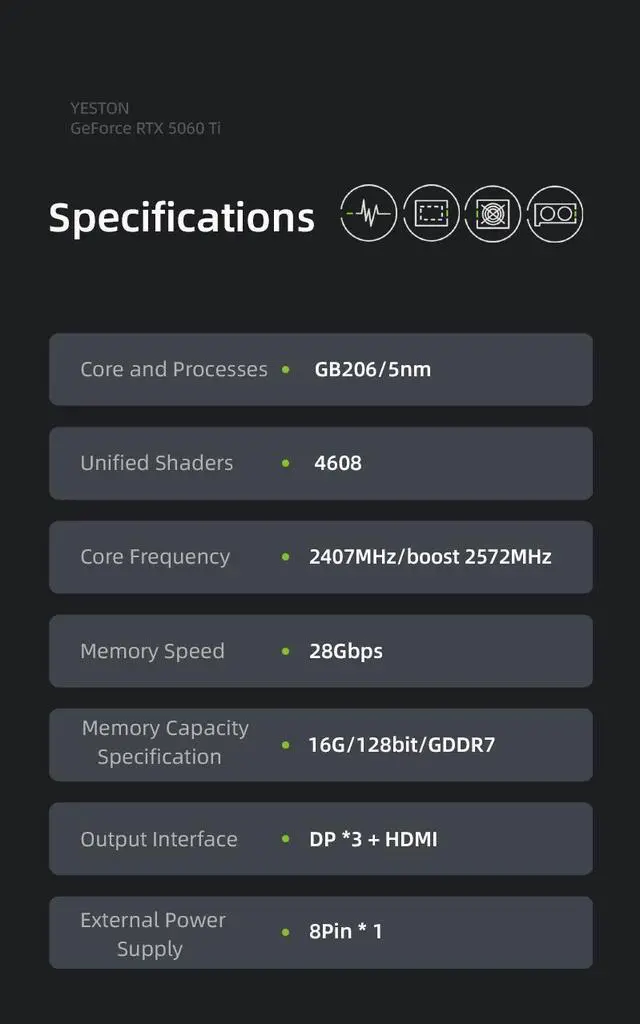 Alt view image 6 of 6 - Yeston GAEA Nvidia GeForce RTX 5060 Ti 16G 128bit GDDR7 Gaming GPU Graphics cards pci express 4.0 video cards Desktop computer PC video gaming graphics card