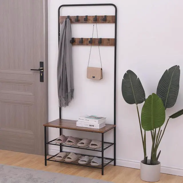 Alt view image 2 of 6 - Coat Rack, Hall Tree with Shoe Bench for Entryway, Industrial Accent Living Furniture with Steel Frame, Leveling Feet,3-in-1 Design, Easy Assembly,Black(28"x15"x71")
