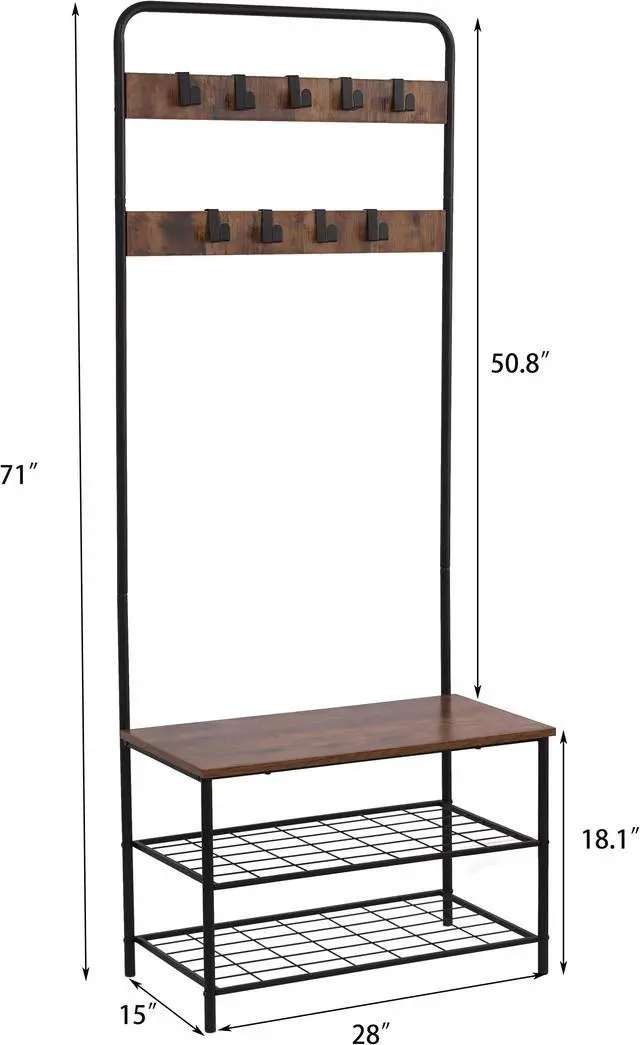 Alt view image 4 of 6 - Coat Rack, Hall Tree with Shoe Bench for Entryway, Industrial Accent Living Furniture with Steel Frame, Leveling Feet,3-in-1 Design, Easy Assembly,Black(28"x15"x71")