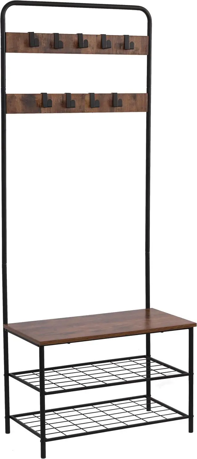 Alt view image 3 of 6 - Coat Rack, Hall Tree with Shoe Bench for Entryway, Industrial Accent Living Furniture with Steel Frame, Leveling Feet,3-in-1 Design, Easy Assembly,Black(28"x15"x71")