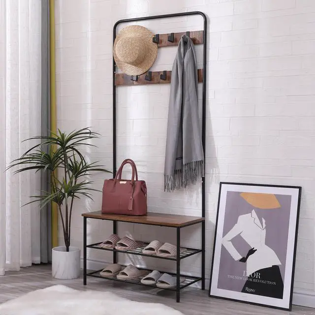 Main image of Coat Rack, Hall Tree with Shoe Bench for Entryway, Industrial Accent Living Furniture with Steel Frame, Leveling Feet,3-in-1 Design, Easy Assembly,Black(28"x15"x71")