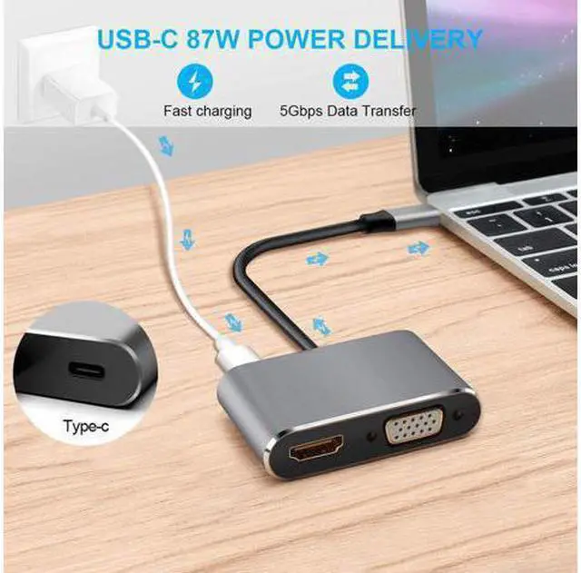 Alt view image 6 of 7 - USB-C to HDMI VGA Adapter USB 3.1 Type C to VGA HDMI 4K UHD Converter Adapter 4 in 1 USB C Hub Thunderbolt 3 Compatible for Macbook Pro  ChromeBook DELL HP Samsung Huawei