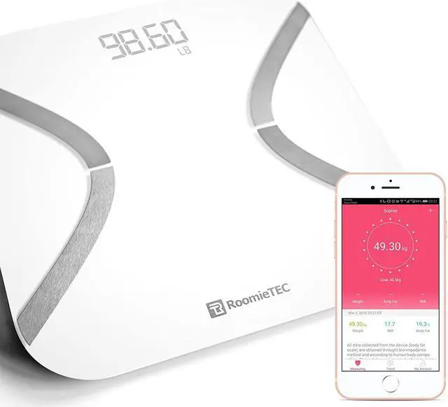 Main image of ROOMIE TEC Smart Bluetooth Body Scale | BMI, BMR, Bone Mass, Muscle, Body Fat Analyzer | Bioimpedance BIA Bathroom Scale | Smartphone App to Monitor Weight Loss, Fitness Goals | White Glass - OEM