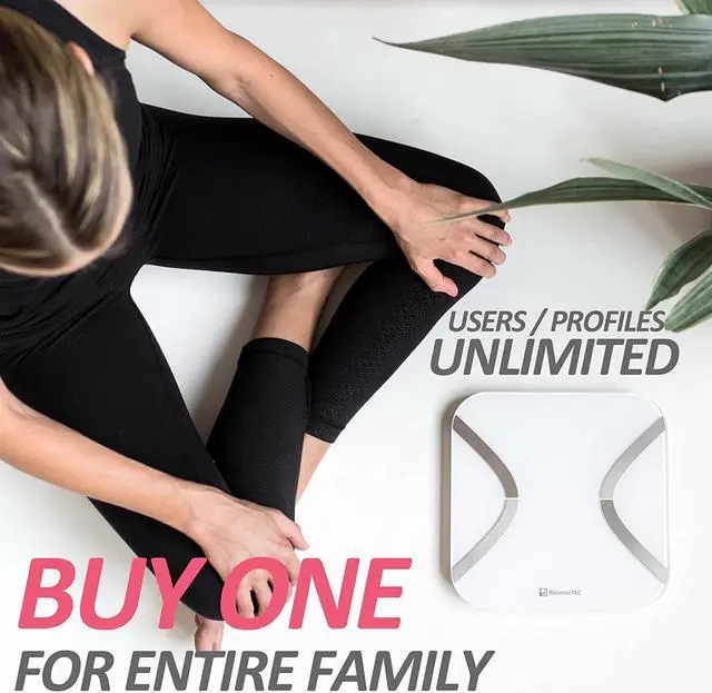 Alt view image 5 of 7 - ROOMIE TEC Smart Bluetooth Body Scale | BMI, BMR, Bone Mass, Muscle, Body Fat Analyzer | Bioimpedance BIA Bathroom Scale | Smartphone App to Monitor Weight Loss, Fitness Goals | White Glass - OEM