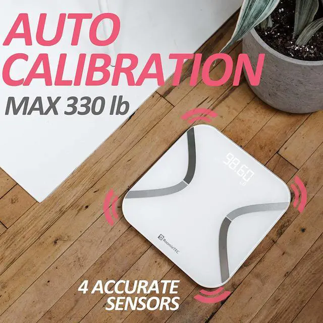 Alt view image 6 of 7 - ROOMIE TEC Smart Bluetooth Body Scale | BMI, BMR, Bone Mass, Muscle, Body Fat Analyzer | Bioimpedance BIA Bathroom Scale | Smartphone App to Monitor Weight Loss, Fitness Goals | White Glass - OEM