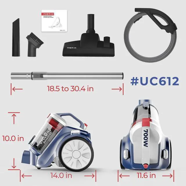 Alt view image 5 of 7 - PINETAN EasyPeasy Bagless Canister Vacuum Cleaner, Auto Cord Rewind, HEPA Filter, Accessory Holder