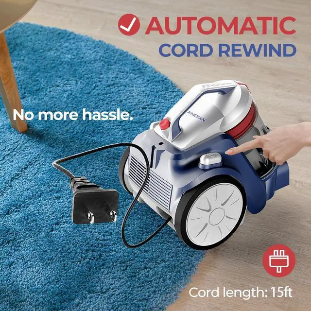 Alt view image 2 of 7 - PINETAN EasyPeasy Bagless Canister Vacuum Cleaner, Auto Cord Rewind, HEPA Filter, Accessory Holder