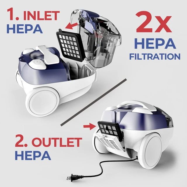 Alt view image 4 of 7 - PINETAN Bagless Canister Vacuum Cleaner, with Double HEPA Filtration, Lightweight Design & Powerful Suction, Multi-Surface Cleaning Nozzle and Automatic Cord Rewind - Ocean Blue, UC601