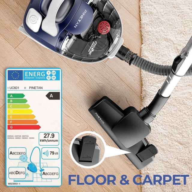 Alt view image 3 of 7 - PINETAN Bagless Canister Vacuum Cleaner, with Double HEPA Filtration, Lightweight Design & Powerful Suction, Multi-Surface Cleaning Nozzle and Automatic Cord Rewind - Ocean Blue, UC601