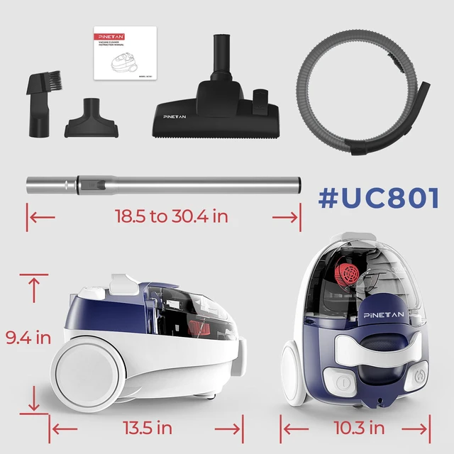Alt view image 7 of 7 - PINETAN Bagless Canister Vacuum Cleaner, with Double HEPA Filtration, Lightweight Design & Powerful Suction, Multi-Surface Cleaning Nozzle and Automatic Cord Rewind - Ocean Blue, UC601
