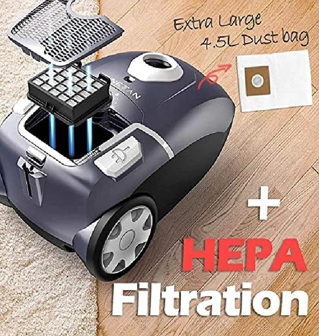 Alt view image 4 of 7 - PINETAN Professional Canister Vacuum Cleaner UA807, Advanced 62 dB Low Noise Technology, High Suction Power and Rotation Speed Adjustment, 4.5 L Extra Large Dust Bags Included.