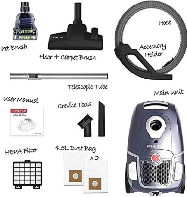 Alt view image 7 of 7 - PINETAN Professional Canister Vacuum Cleaner UA807, Advanced 62 dB Low Noise Technology, High Suction Power and Rotation Speed Adjustment, 4.5 L Extra Large Dust Bags Included.