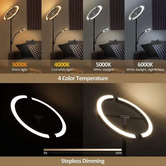 Alt view image 5 of 7 - FIMEI Floor Lamp, Modern LED Rotatable Floor Lamp with Reading Light, Standing Lamp with Stepless Dimming and 3000K-6000K Color Temperature, Touch and Remote Control (Black)