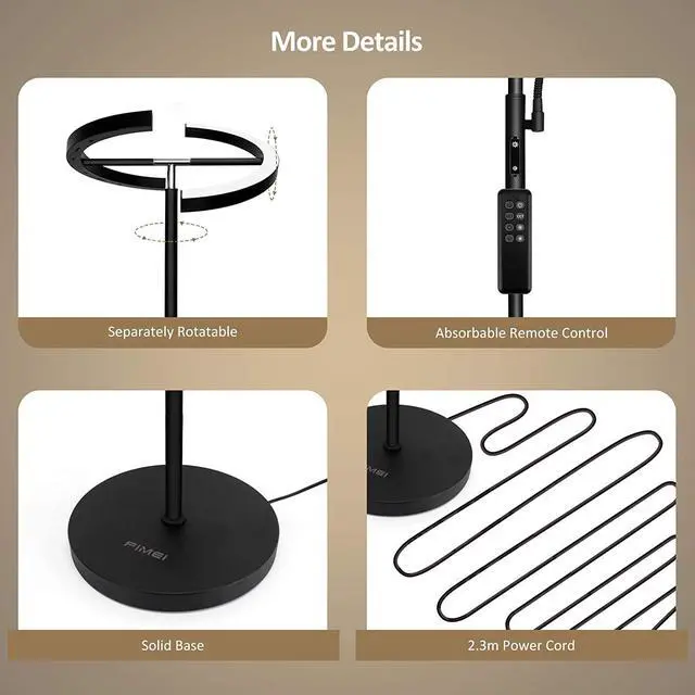 Alt view image 6 of 7 - FIMEI Floor Lamp, Modern LED Rotatable Floor Lamp with Reading Light, Standing Lamp with Stepless Dimming and 3000K-6000K Color Temperature, Touch and Remote Control (Black)