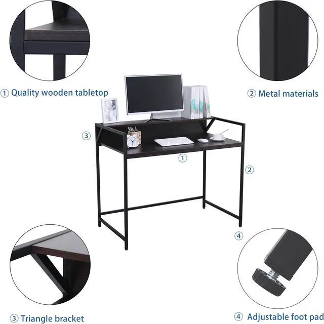 Alt view image 3 of 7 - Computer Desk 43.5" with Storage Shelf Study Writing Desk with Monitor Stand Home Office Desk Stable Metal Frame Workstation Black