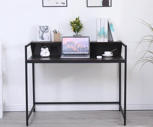 Alt view image 6 of 7 - Computer Desk 43.5" with Storage Shelf Study Writing Desk with Monitor Stand Home Office Desk Stable Metal Frame Workstation Black
