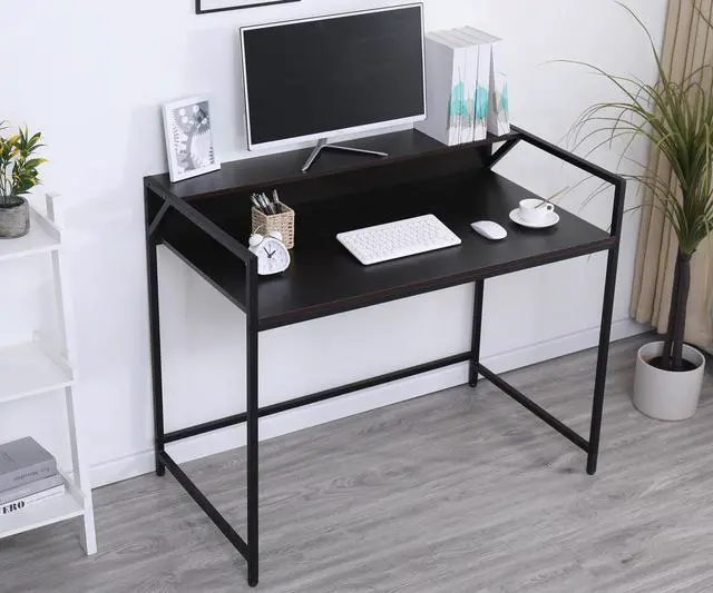 Alt view image 5 of 7 - Computer Desk 43.5" with Storage Shelf Study Writing Desk with Monitor Stand Home Office Desk Stable Metal Frame Workstation Black