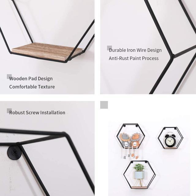 Alt view image 2 of 7 - Hexagon Floating Shelves Wall Mounted Metal Set of 3 Honeycomb Décor for Bedroom ,Living Room,Bathroom, Kitchen , Office