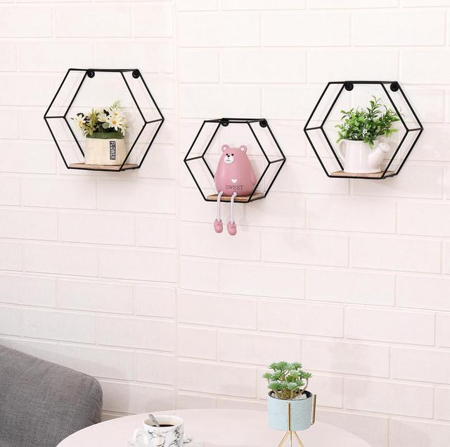 Alt view image 5 of 7 - Hexagon Floating Shelves Wall Mounted Metal Set of 3 Honeycomb Décor for Bedroom ,Living Room,Bathroom, Kitchen , Office