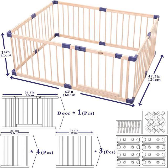 Alt view image 6 of 7 - Baby Playpen Kids Fence with Safety Gate, Safety and Anti-Drop Function, Activity Play Center, Safety Play Yard Indoor Outdoor Pure Wooden Baby Playpen