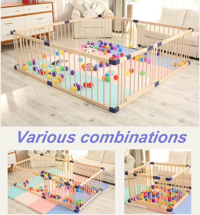 Alt view image 4 of 7 - Baby Playpen Kids Fence with Safety Gate, Safety and Anti-Drop Function, Activity Play Center, Safety Play Yard Indoor Outdoor Pure Wooden Baby Playpen