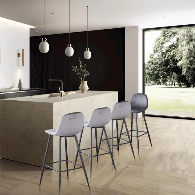 Alt view image 5 of 7 - Bar Stools Set of 2 Counter Stools Velvet Bar Stools, Contemporary Style Interior, Armless Bar Stools with Metal Legs, Bar Height Home Bar Restaurant Kitchen Stools Chair, Grey