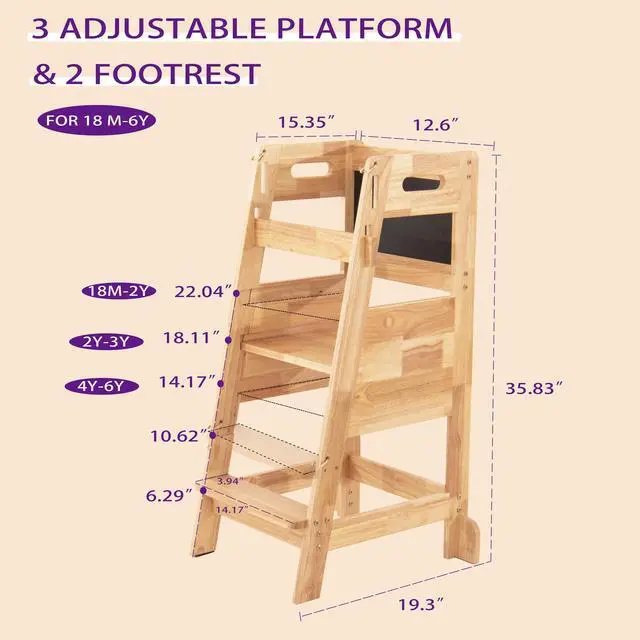 Alt view image 3 of 7 - LUGANG Land Port Xu   Standing Tower-Complete Toddler Kitchen Stool Helper,Kitchen Step Stool for Toddler,Height Adjustable Toddler Steps with Safety Rail & Net for Learning New Skills