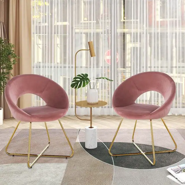 Alt view image 2 of 7 - LUGANG Land Port Xu  Modern Accent Velvet Chairs Living Room Chairs Set of 2, Dining Chairs Single Sofa Comfy Upholstered Arm Chair Mid Century Leisure Lounge Chairs with Golden Legs  Pink