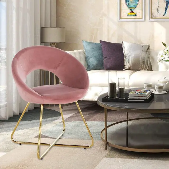 Alt view image 3 of 7 - LUGANG Land Port Xu  Modern Accent Velvet Chairs Living Room Chairs Set of 2, Dining Chairs Single Sofa Comfy Upholstered Arm Chair Mid Century Leisure Lounge Chairs with Golden Legs  Pink