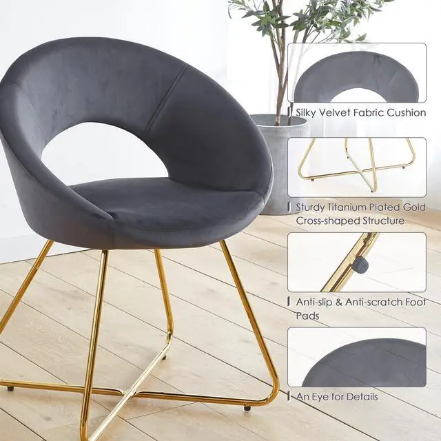 Alt view image 3 of 7 - LUGANG Land Port Xu  Modern Accent Velvet Chairs Living Room Chairs Set of 2, Dining Chairs Single Sofa Comfy Upholstered Arm Chair Mid Century Leisure Lounge Chairs with Golden Legs , Gray