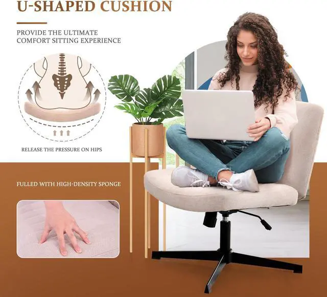 Alt view image 3 of 7 - LUGANG Land Port Xu Cross Legged Armless Wide Adjustable Swivel Padded Home Office Desk Chair, Beige