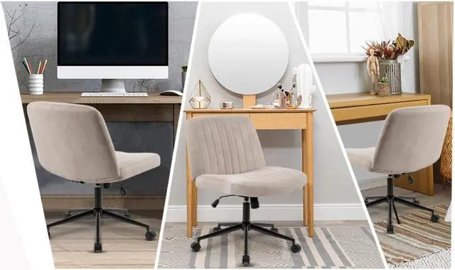 Alt view image 4 of 7 - LUGANG Land Port Xu Furnimart Swivel Criss Cross Legged Chair with Wheels for Home Office, Wide Armless Desk Chair Height Adjustable Comfy Seat for Desk,Vanity, Bedroom,Beige