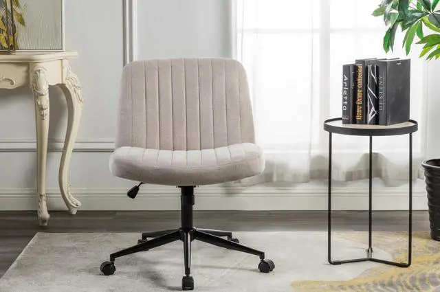 Alt view image 2 of 7 - LUGANG Land Port Xu Furnimart Swivel Criss Cross Legged Chair with Wheels for Home Office, Wide Armless Desk Chair Height Adjustable Comfy Seat for Desk,Vanity, Bedroom,Beige