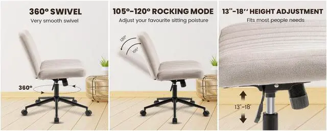 Alt view image 5 of 7 - LUGANG Land Port Xu Furnimart Swivel Criss Cross Legged Chair with Wheels for Home Office, Wide Armless Desk Chair Height Adjustable Comfy Seat for Desk,Vanity, Bedroom,Beige