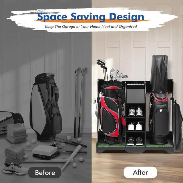 Alt view image 2 of 7 - LUGANG Land Port Xu Golf Bag Organizer, Premium Wooden Golf Storage Rack, Stylish Golf Bag Storage Rack, Golf Equipment Organizer for Garage, Indoor Spaces and More, Holds 2 Golf Bags
