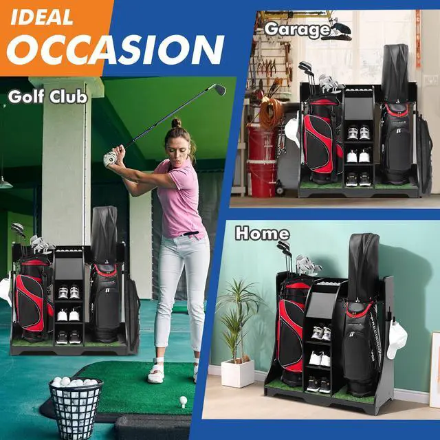 Alt view image 5 of 7 - LUGANG Land Port Xu Golf Bag Organizer, Premium Wooden Golf Storage Rack, Stylish Golf Bag Storage Rack, Golf Equipment Organizer for Garage, Indoor Spaces and More, Holds 2 Golf Bags