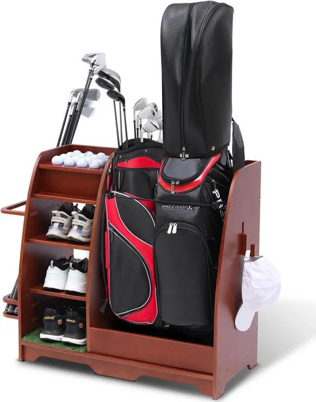 Main image of LUGANG Land Port Xu Golf Bag Organizer, Premium Wooden Golf Storage Rack, Stylish Golf Bag Storage Rack, Golf Equipment Organizer for Garage, Indoor Spaces and More REDDISHBROWN
