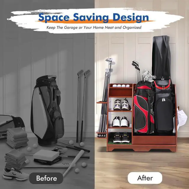 Alt view image 2 of 7 - LUGANG Land Port Xu Golf Bag Organizer, Premium Wooden Golf Storage Rack, Stylish Golf Bag Storage Rack, Golf Equipment Organizer for Garage, Indoor Spaces and More REDDISHBROWN