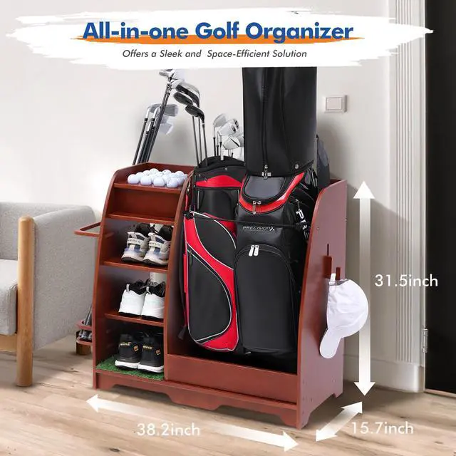 Alt view image 4 of 7 - LUGANG Land Port Xu Golf Bag Organizer, Premium Wooden Golf Storage Rack, Stylish Golf Bag Storage Rack, Golf Equipment Organizer for Garage, Indoor Spaces and More REDDISHBROWN