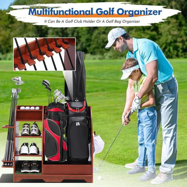 Alt view image 5 of 7 - LUGANG Land Port Xu Golf Bag Organizer, Premium Wooden Golf Storage Rack, Stylish Golf Bag Storage Rack, Golf Equipment Organizer for Garage, Indoor Spaces and More REDDISHBROWN