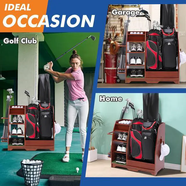 Alt view image 6 of 7 - LUGANG Land Port Xu Golf Bag Organizer, Premium Wooden Golf Storage Rack, Stylish Golf Bag Storage Rack, Golf Equipment Organizer for Garage, Indoor Spaces and More REDDISHBROWN