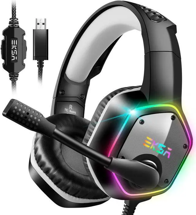 Alt view image 15 of 20 - EKSA E1000 Gaming Headset 7.1 Virtual Surround Gaming Headphones Wired USB Earphone With LED RGB Light Mic For Computer/PC/PS4 Gray/Green