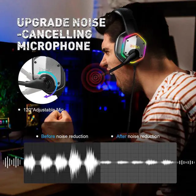 Alt view image 18 of 20 - EKSA E1000 Gaming Headset 7.1 Virtual Surround Gaming Headphones Wired USB Earphone With LED RGB Light Mic For Computer/PC/PS4 Gray/Green