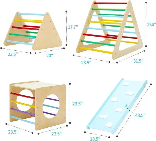 Alt view image 5 of 7 - Set of 5 wooden triangle climbing toys indoor for toddler, 1 square and 2 triangle Climber with 2 Ramp for climbing sliding and walking, 5 in 1 toddler play equipment for indoor playground play gym