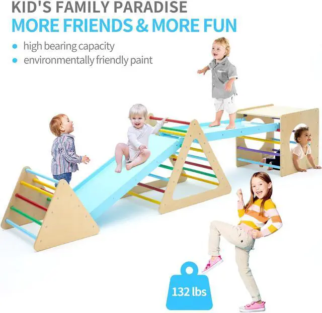 Alt view image 6 of 7 - Set of 5 wooden triangle climbing toys indoor for toddler, 1 square and 2 triangle Climber with 2 Ramp for climbing sliding and walking, 5 in 1 toddler play equipment for indoor playground play gym