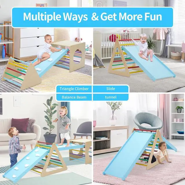 Alt view image 2 of 7 - Set of 5 wooden triangle climbing toys indoor for toddler, 1 square and 2 triangle Climber with 2 Ramp for climbing sliding and walking, 5 in 1 toddler play equipment for indoor playground play gym