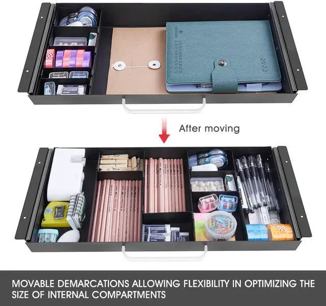 Alt view image 3 of 7 - Large Size Under Desk Slide out Pencil Drawer with Adjustable Space Divider Design for Storing Pencil and Office Accessories, Underdesk Pull out Tray Organizer Mounted for Sit Stand Workstation