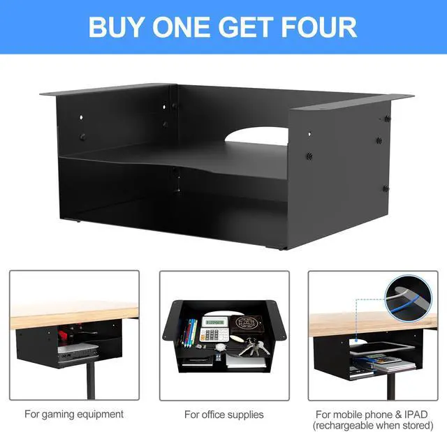 Alt view image 5 of 7 - Under desk storage Metal Shelf Double Layer Design with Adjustable Tray organizer drawer with Big Hole in the back for Stand Up Desks Office Desks Workstations Tv Stand