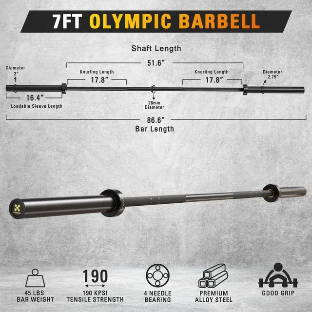 Alt view image 2 of 7 - GXMMAT 7ft Olympic Barbell 45LB, 1500LB Capacity Weight Bar, Weightlifting Bar for Bench Press, Deadlift, Squat, Home Gym Strength Training, 2" Sleeves with Ceramic Coating