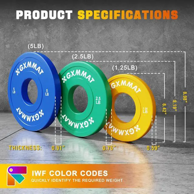 Alt view image 5 of 7 - GXMMAT Olympic Bumper Plate Set, Steel-Core Rubber Coated for 2" Standard Barbells, 1.25/2.5/5lb Color-Coded, Ideal for CrossFit/Powerlifting/Home Gym Training